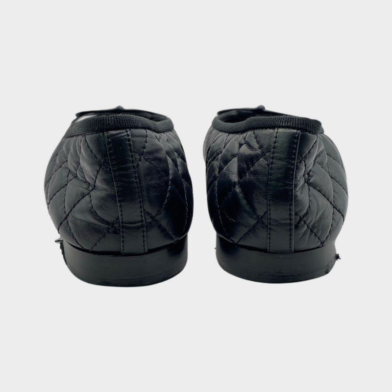 Chanel black quilted leather CC bow ballet flats