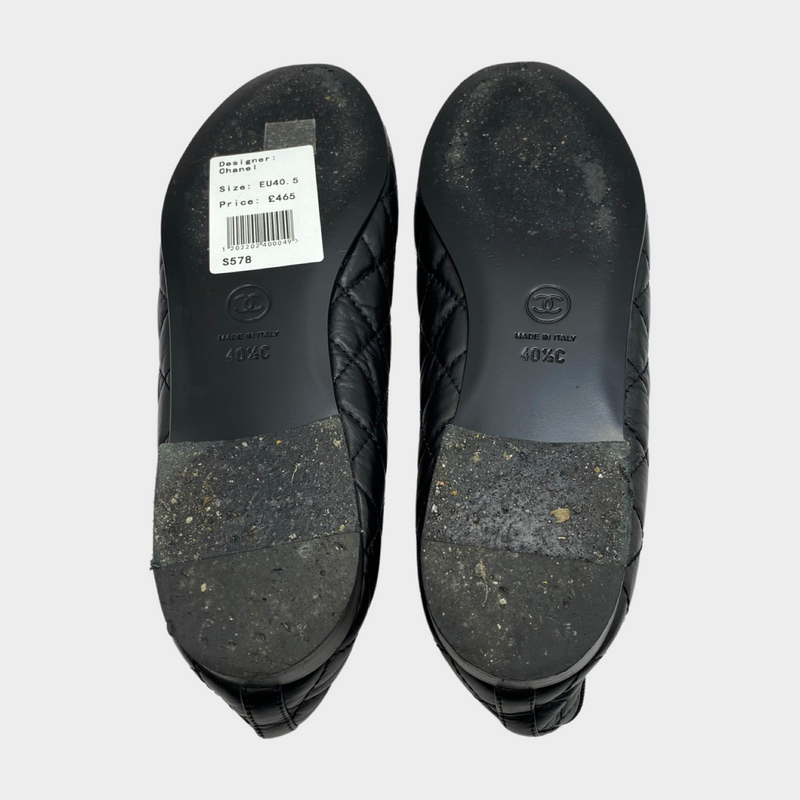Chanel black quilted leather CC bow ballet flats