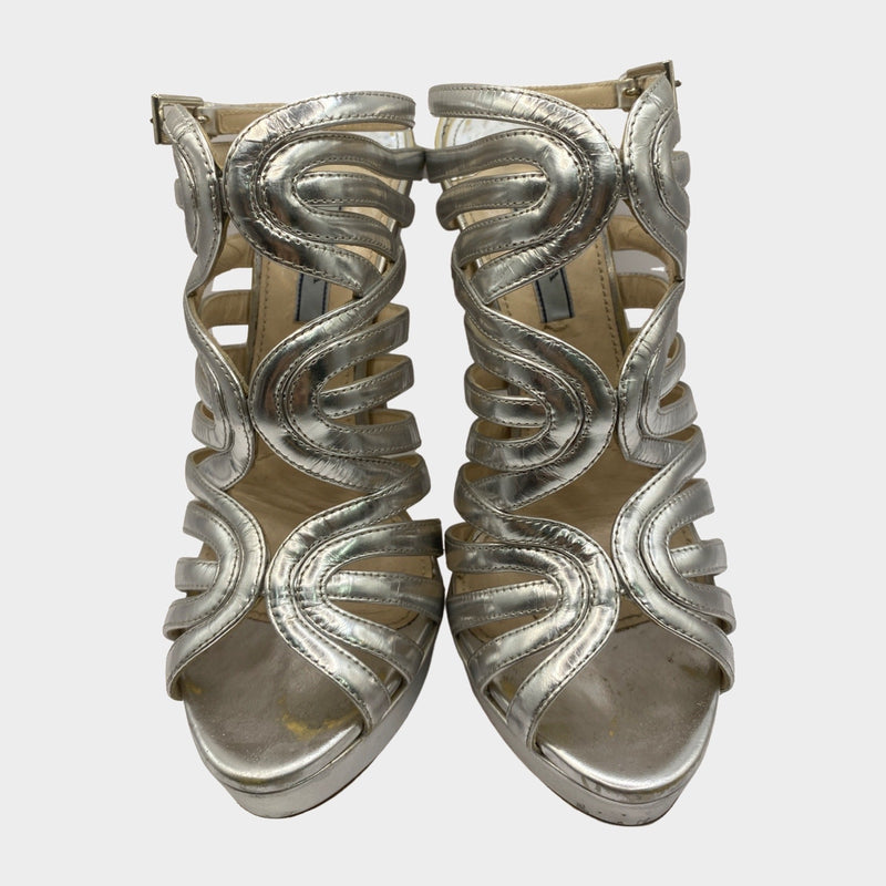 Prada metallic silver leather platform strappy heels