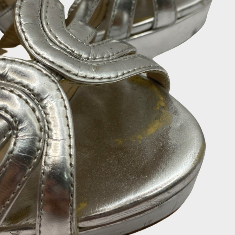 Prada metallic silver leather platform strappy heels