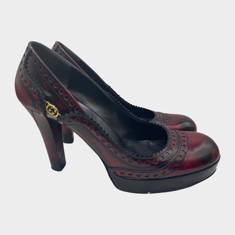 Gucci women's burgundy and black leather Mary Jane platform pumps