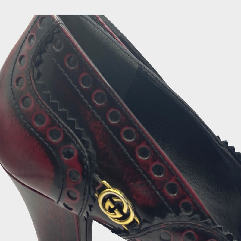 Gucci women's burgundy and black leather Mary Jane platform pumps