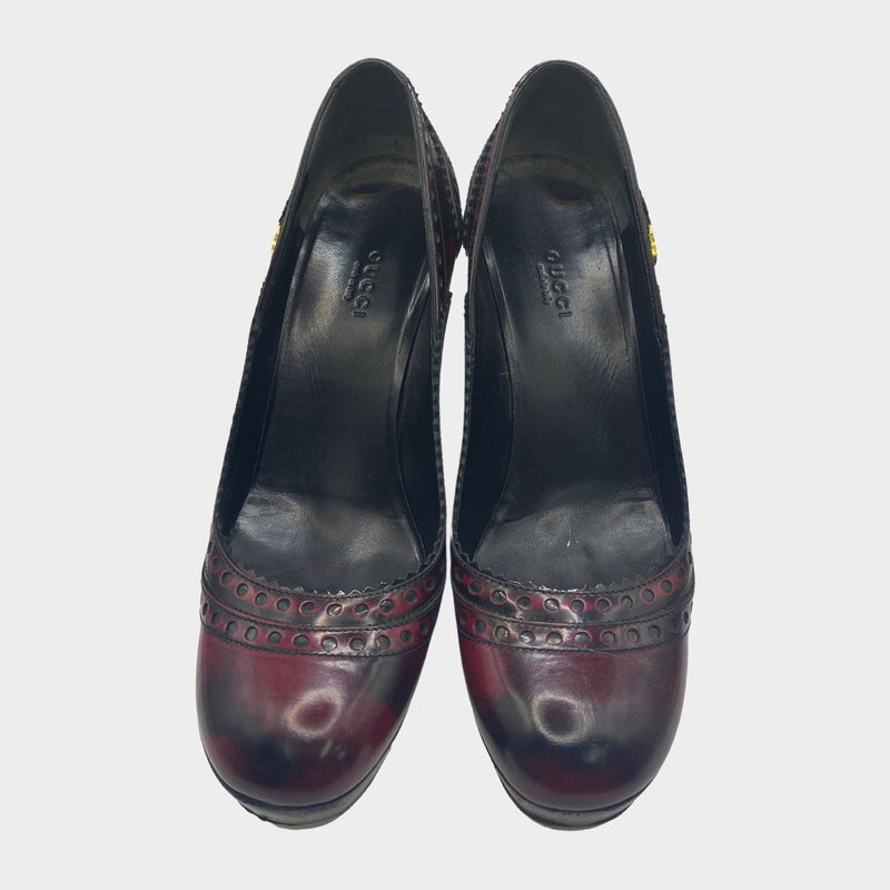Gucci women's burgundy and black leather Mary Jane platform pumps