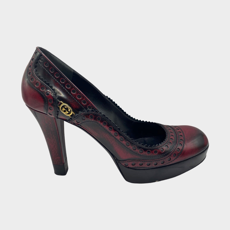Gucci women's burgundy and black leather Mary Jane platform pumps