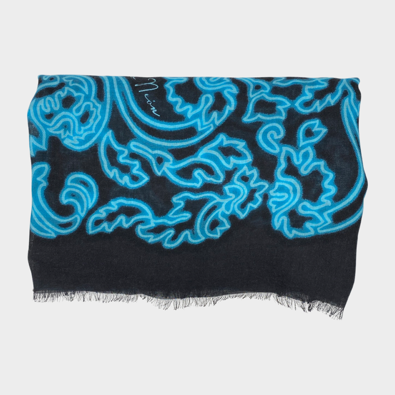 Loewe women's black and blue Barocco Neon cashmere and silk scarf with fringe
