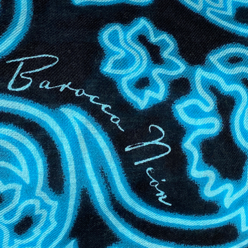 Loewe women's black and blue Barocco Neon cashmere and silk scarf with fringe