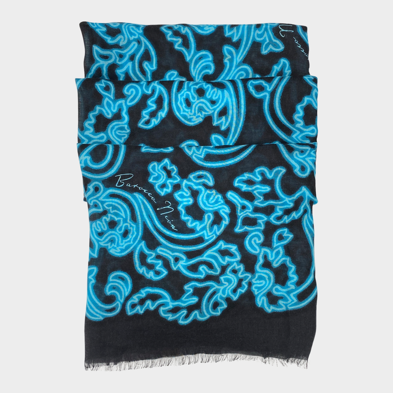 Loewe women's black and blue Barocco Neon cashmere and silk scarf with fringe