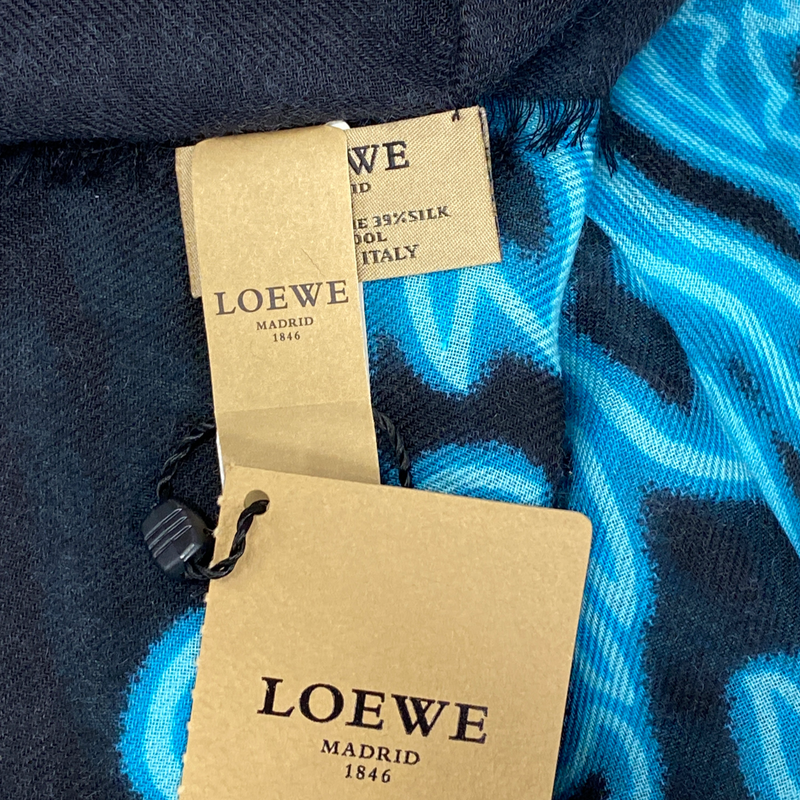 Loewe women's black and blue Barocco Neon cashmere and silk scarf with fringe