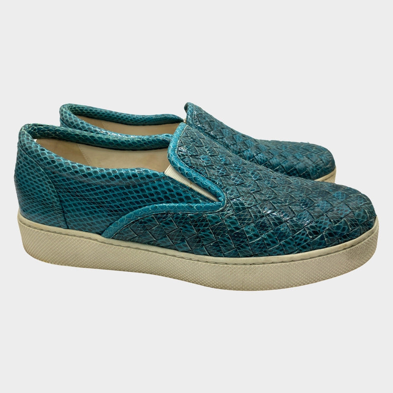 Bottega Veneta women's turquoise blue python leather slip-on sneakers