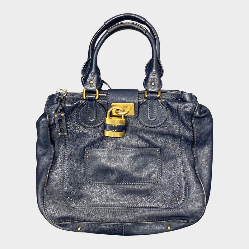 Chloe women's navy leather large tote handbag with with padlock detail