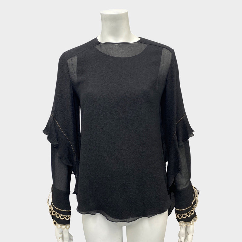 Chloe women's black silk chiffon blouse with gold detailing