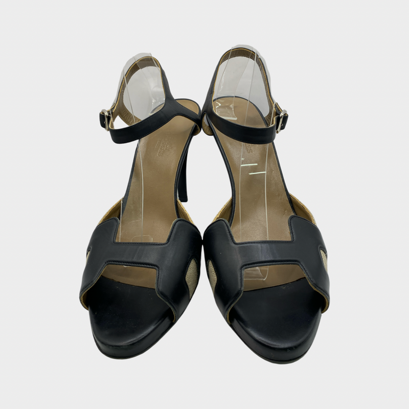 Hermes black and beige leather sandal heels