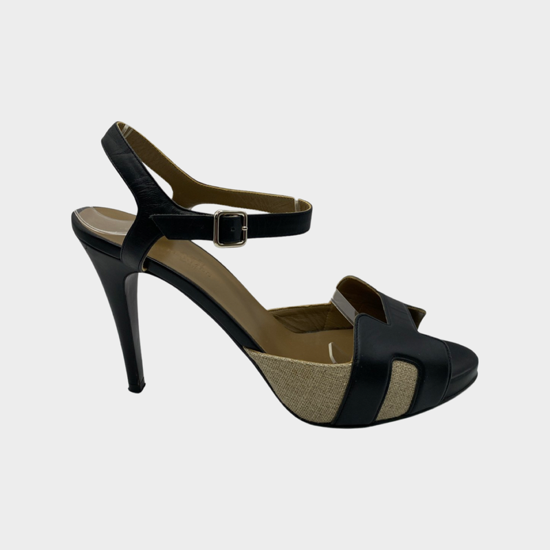 Hermes black and beige leather sandal heels