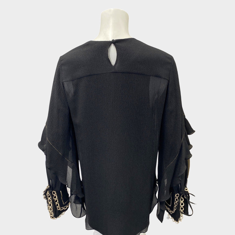 Chloe women's black silk chiffon blouse with gold detailing