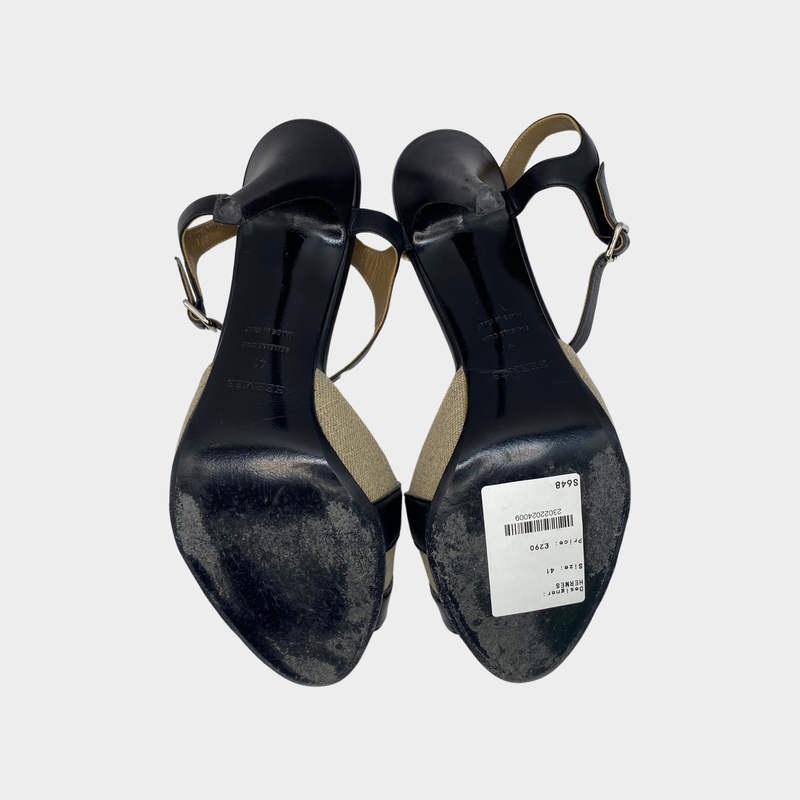 Hermes black and beige leather sandal heels