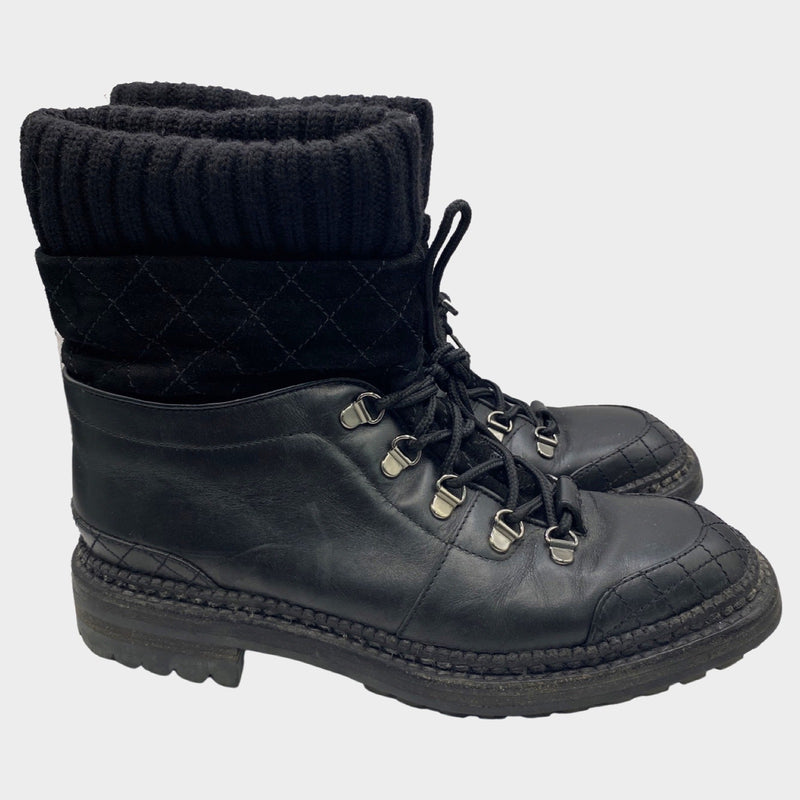 Chanel women's leather black boots with woolen sock ankles