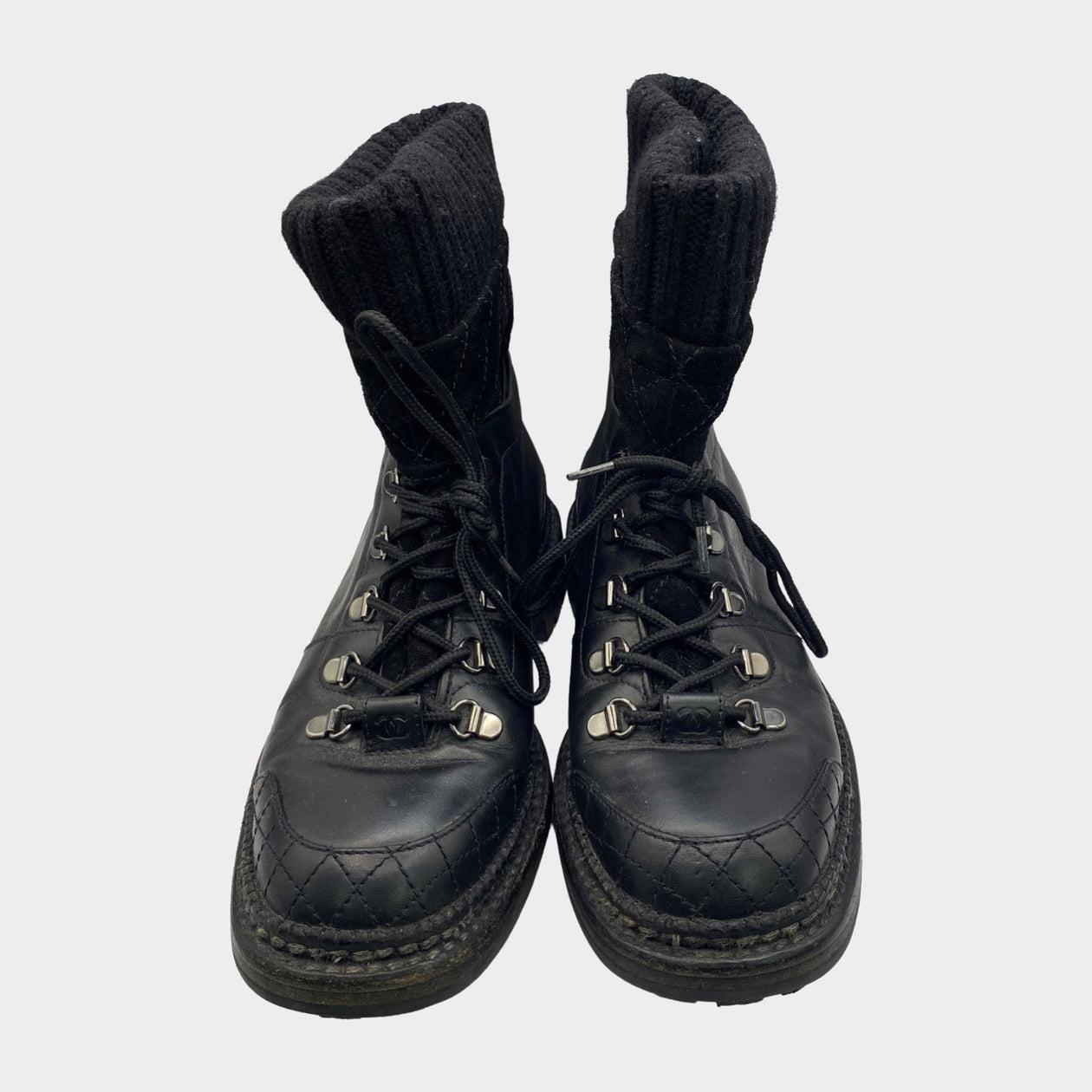 Chanel women's leather black boots with woolen sock ankles – Loop