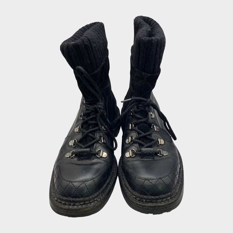 Chanel women's leather black boots with woolen sock ankles