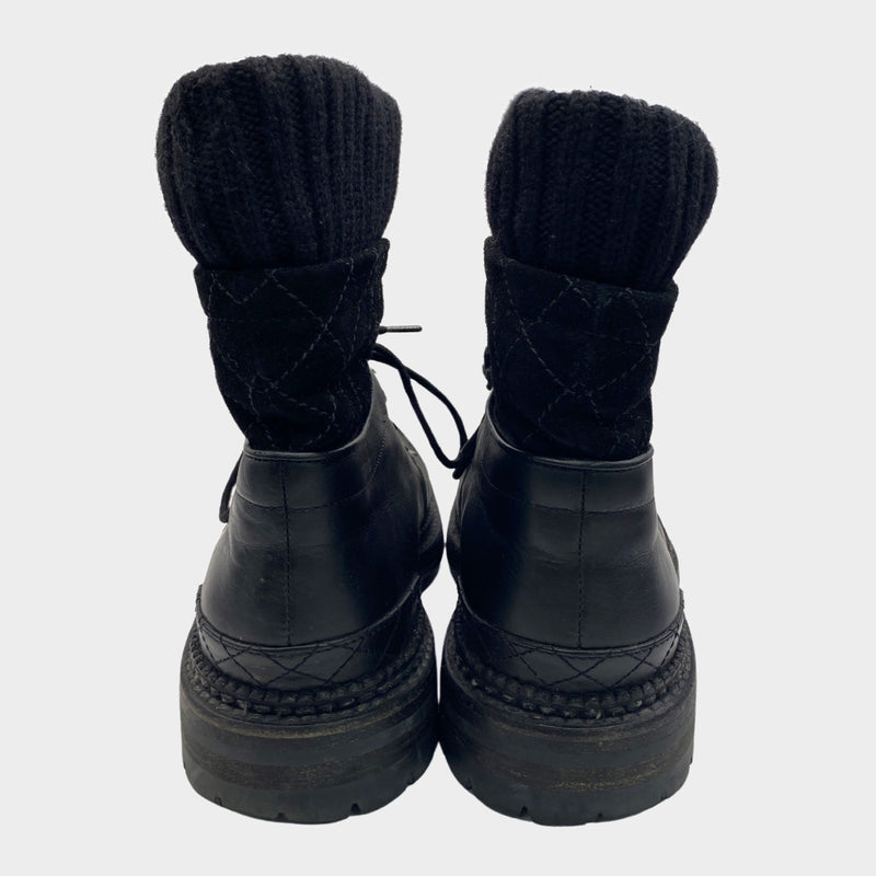 Chanel women's leather black boots with woolen sock ankles