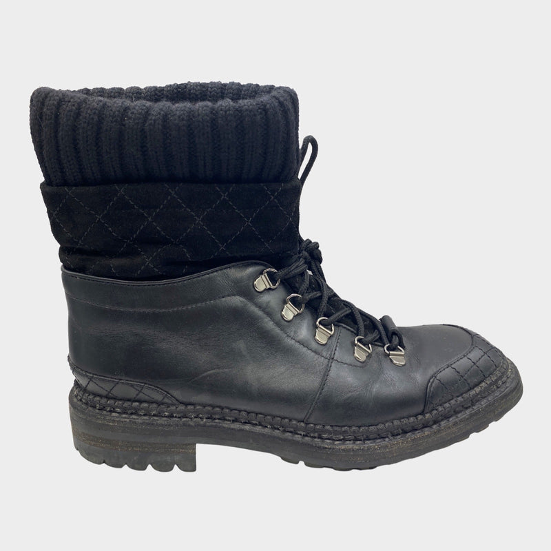Chanel women's leather black boots with woolen sock ankles