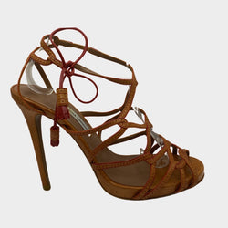 Tabitha Simmons tan leather cross-strap design sandal heels