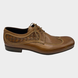 Bottega Veneta men's brown leather loafers with intreciatto weave print detail