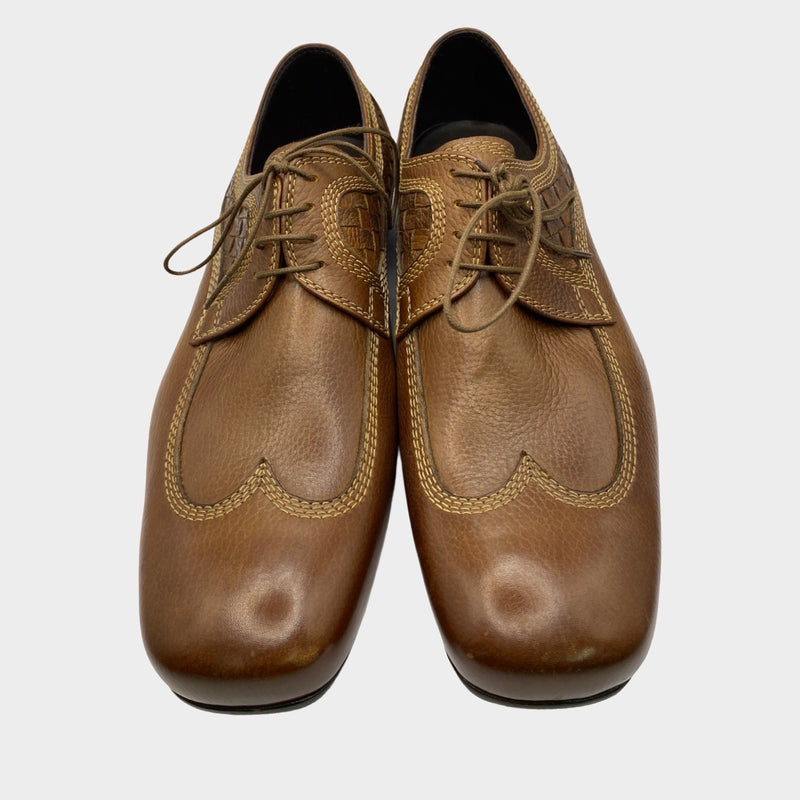 Bottega Veneta men's brown leather loafers with intreciatto weave print detail