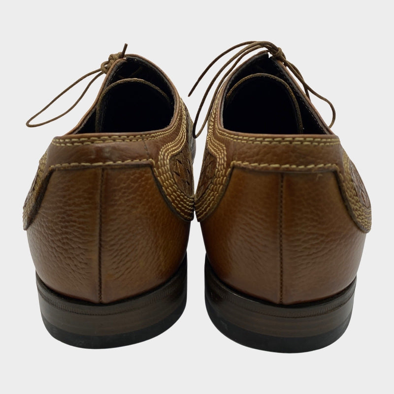 Bottega Veneta men's brown leather loafers with intreciatto weave print detail