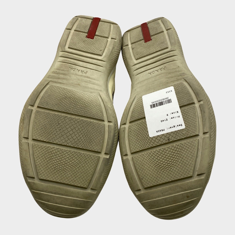 Prada men's ecru leather trainers with grey and navy accents