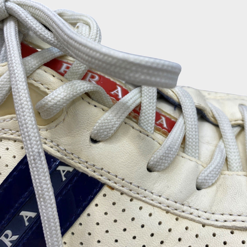 Prada men's ecru leather trainers with grey and navy accents