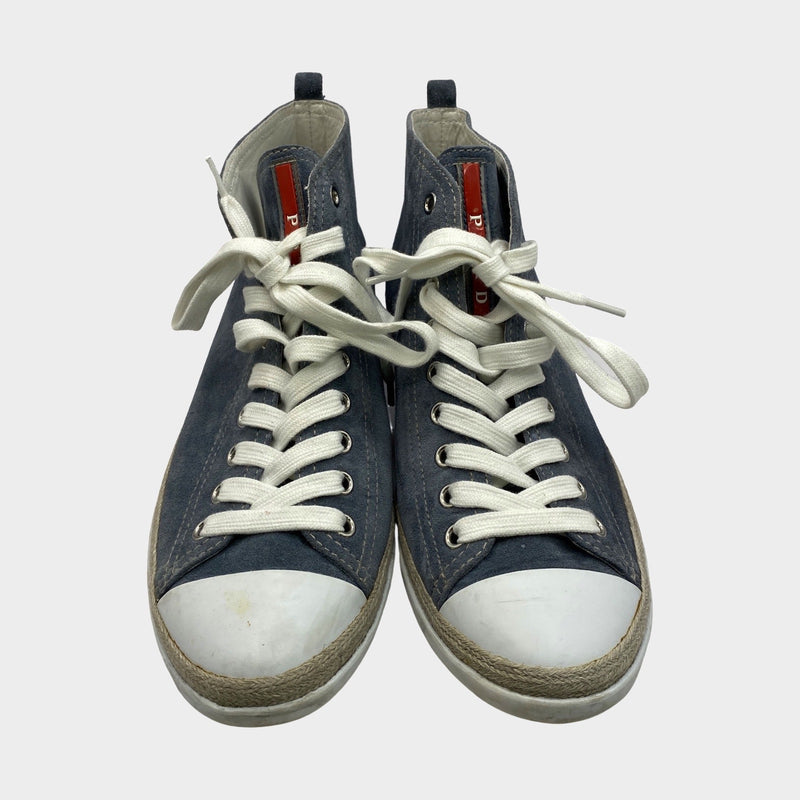 Prada women's stormy blue suede sneakers with raffia detail