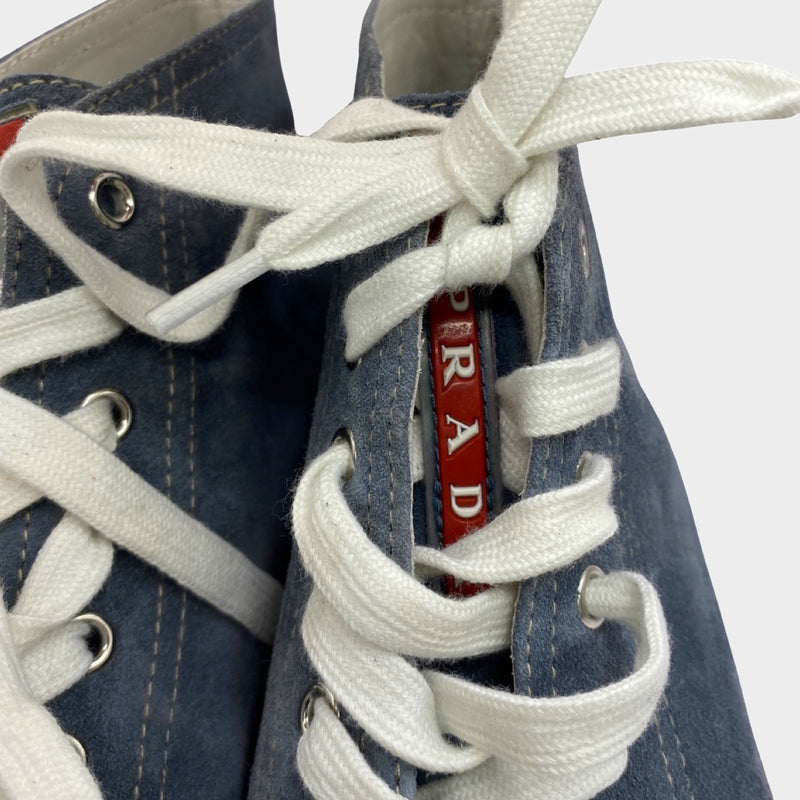 Prada women's stormy blue suede sneakers with raffia detail