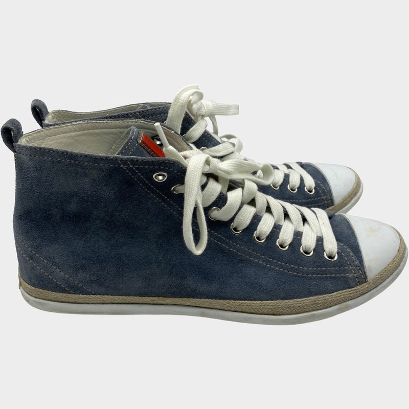 Prada women's stormy blue suede sneakers with raffia detail