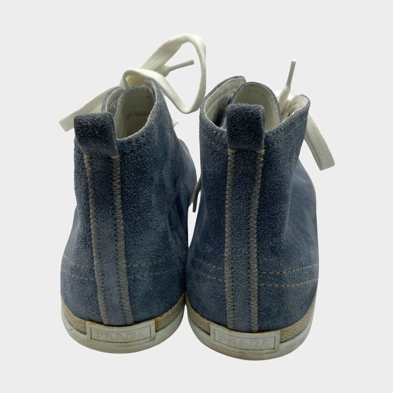 Prada women's stormy blue suede sneakers with raffia detail