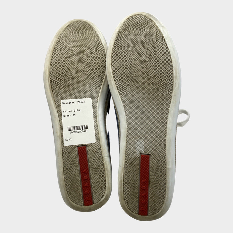 Prada women's stormy blue suede sneakers with raffia detail