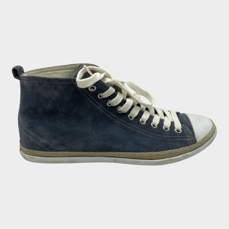 Prada women's stormy blue suede sneakers with raffia detail