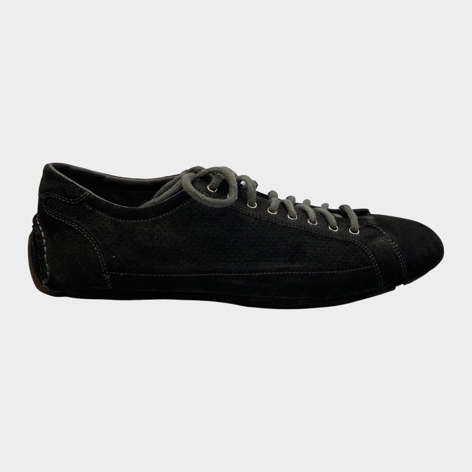 Prada men s black suede sneakers with laser cut dot details Loop Generation