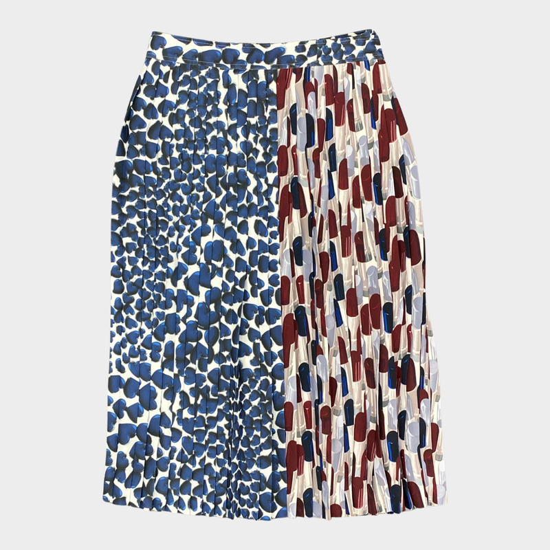 Prada women's blue and red lipstick print pleated maxi skirt
