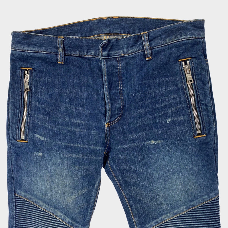 Balmain men's blue denim biker jeans with zip details