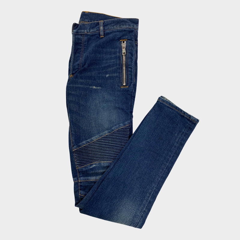 Balmain men's blue denim biker jeans with zip details
