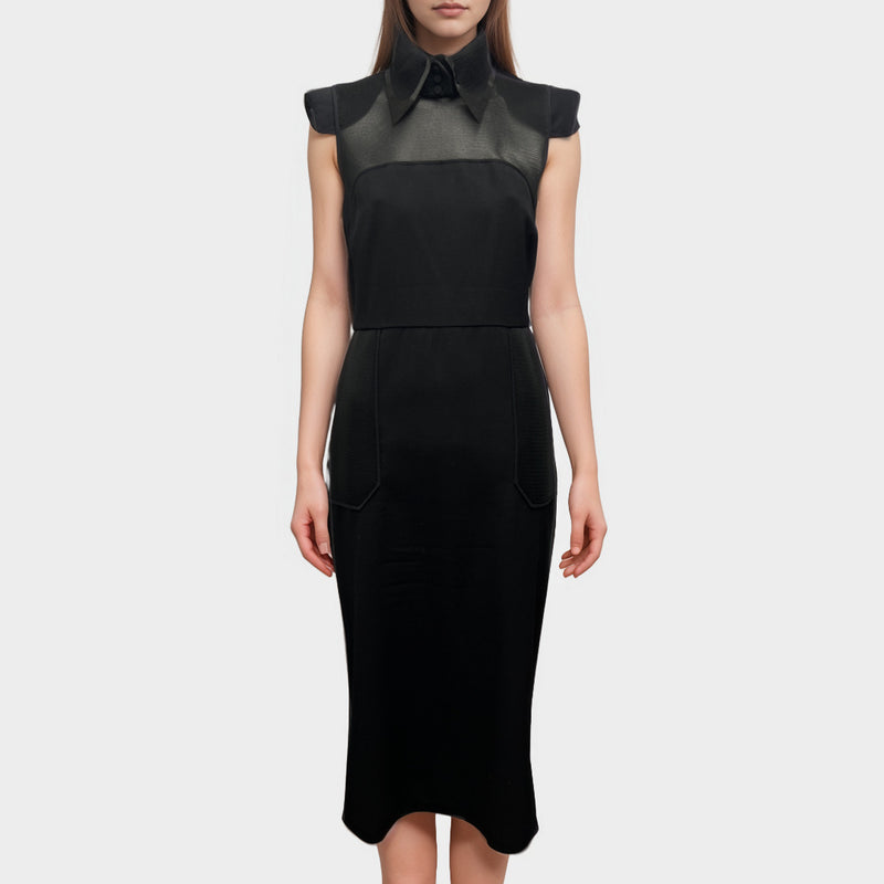 Fendi Women's Collared Black Wool and Mesh Midi Dress