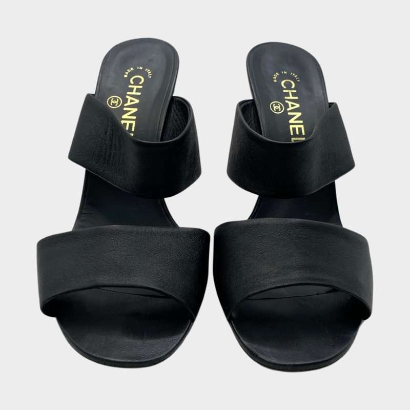 Chanel black leather mules with pearl detail