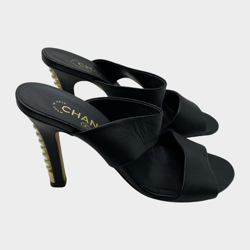Chanel black leather mules with pearl detail