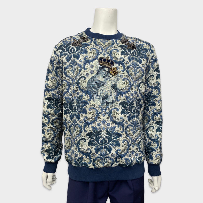 Dolce&Gabbana men's navy Madonna jacquard long sleeve beaded top