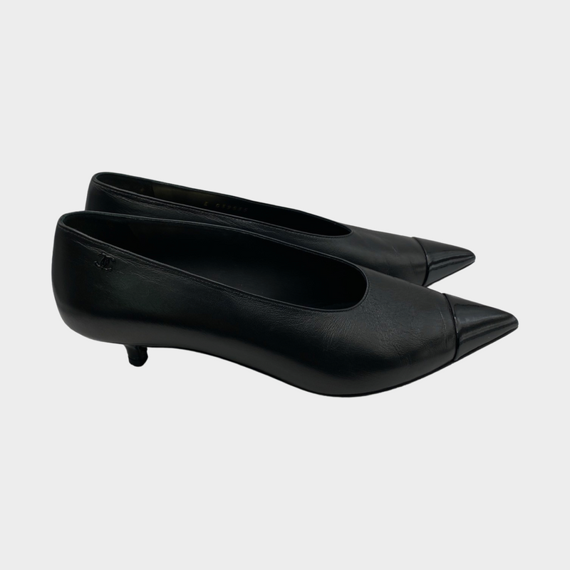 Chanel women's black leather kitten heels with patent leather fronts