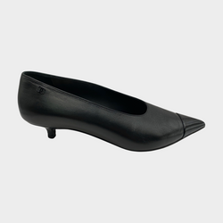 Chanel women's black leather kitten heels with patent leather fronts