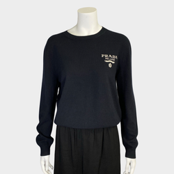Prada women's black cashmere blend jumper with ecru logo