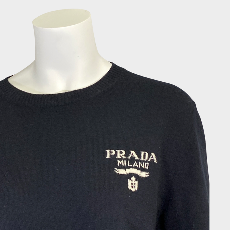 Prada women's black cashmere blend jumper with ecru logo