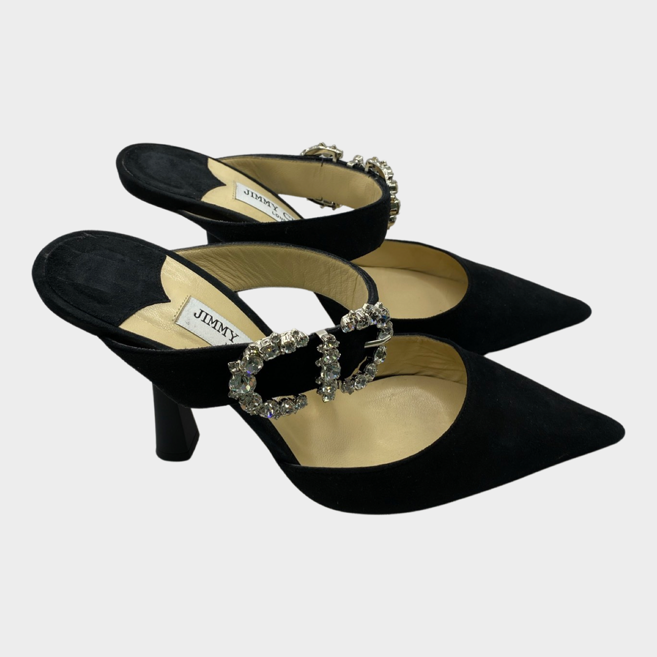 最適な材料 Jimmy Choo buckle crystal with mules Smokey suede black 靴
