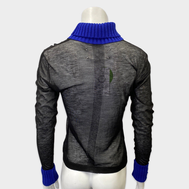 Maison Margiela women's black sheer turtleneck wit cobalt blue details